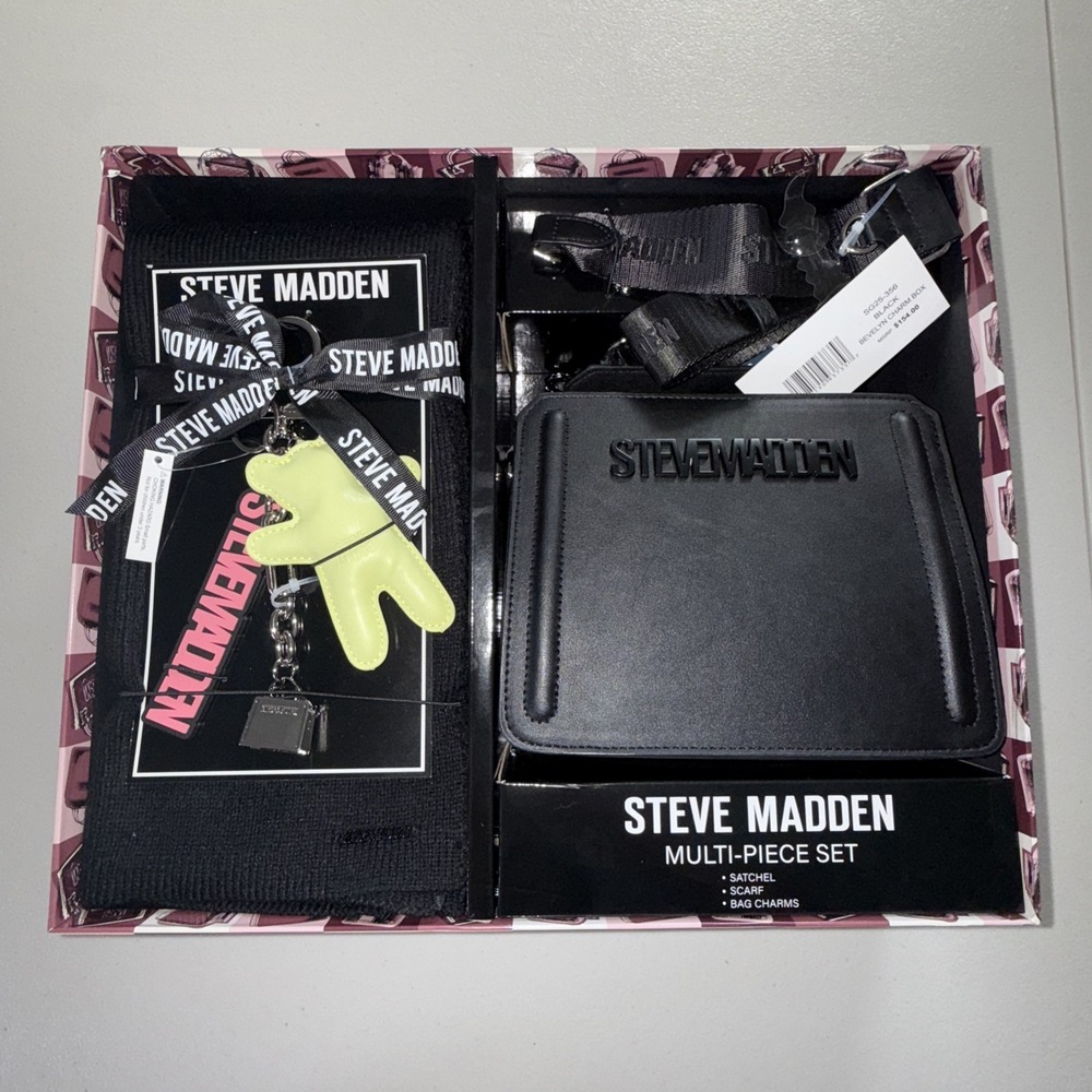 NIB STEVE MADDEN BEVELYN BAG SCARF CHARM BOX GIFT‎ SET BLACK MSRP $154
